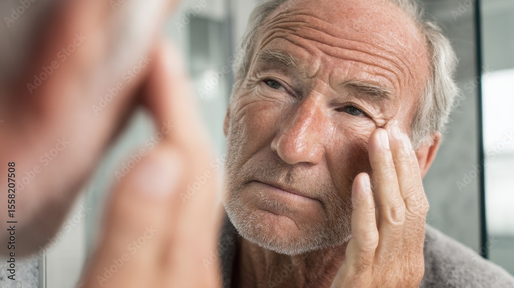 Obraz premium A reflective glimpse: An aging gentleman gazes in the mirror, his gaze focused with quiet contemplation, gently touching his face. He evokes a sense of introspection, aging gracefully.