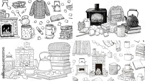 Hand-drawn black and white cozy winter illustrations featuring sweaters, mugs, books, and fireplaces—perfect for coloring pages and seasonal design elements.


