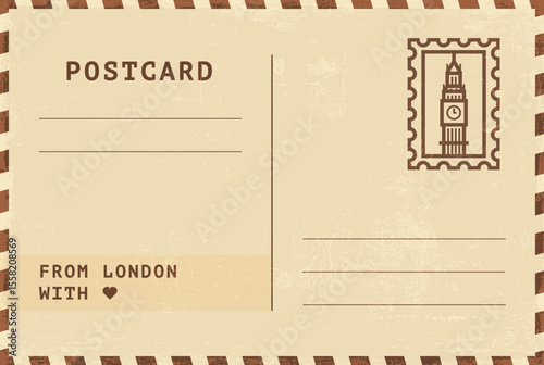 From London postal card template. Vector grungy vintage style postcard illustration with stamp, tower, landmark, message. Simple flat greetings image layout