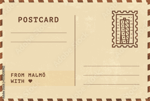 From Malmo postal card template. Vector grungy vintage style postcard illustration with stamp, tower, landmark, message. Simple flat greetings image layout