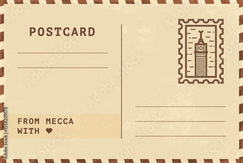 From Mecca postal card template. Vector grungy vintage style postcard illustration with stamp, tower, landmark, message. Simple flat greetings image layout