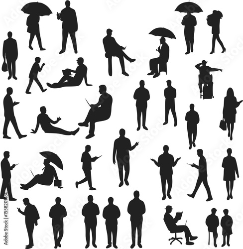 Diverse set of man and people silhouettes shows lifestyle activities and various poses for architectural designs and renderings.