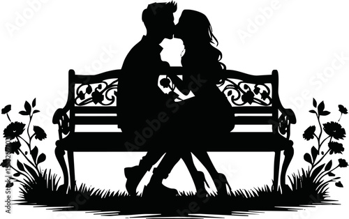Silhouette of couple kissing on a bench vector on white background