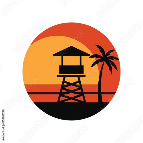 lifeguard tower sunset logo with palm silhouettes