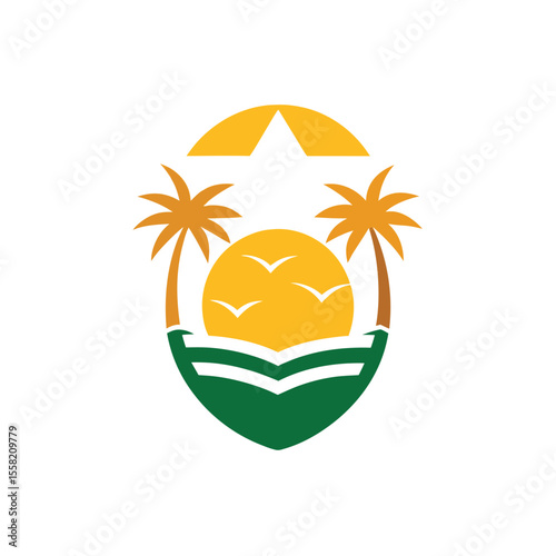 palm forest beach logo with setting sun and seagull.