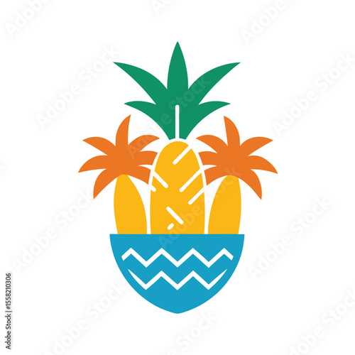 island vibes emblem with pineapple surfboard