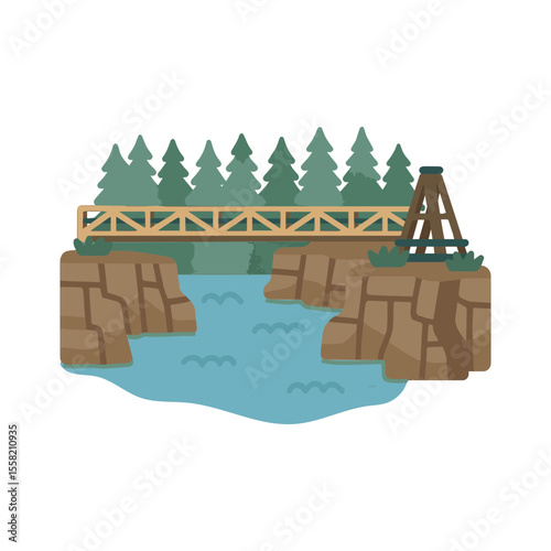 A hand-drawn vector illustration of a wooden bridge crossing a rocky river canyon