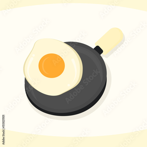 Illustration of a Sunny Side Up Egg in a Pan with a Cream Handle. Perfect for Recipe Content, Kids Educational Design, and Cooking Visual Materials