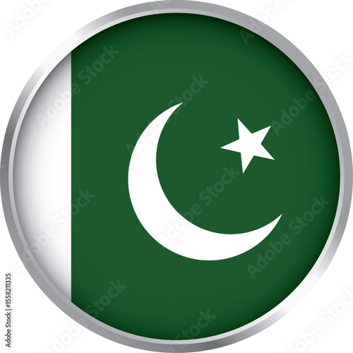 round icon of pakistan national flag with white crescent moon and star on green background with gray border

