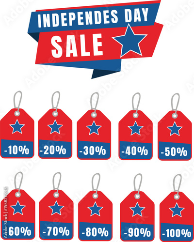 Independence Day Sale banners and discount price tags with patriotic stars and red-white-blue colors, perfect for holiday retail promotions and special offers