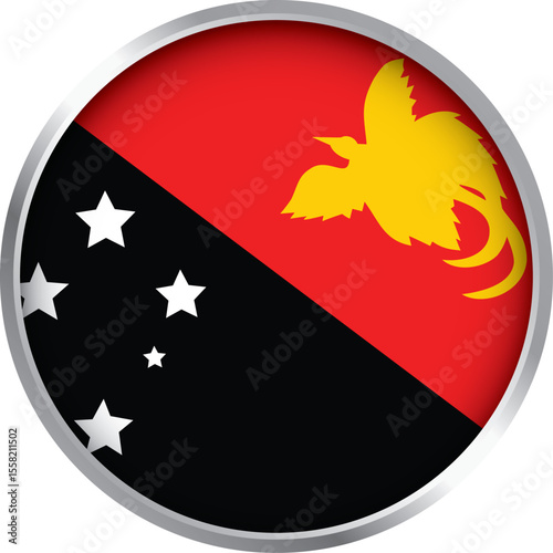 round icon of papua new guinea national flag with bird of paradise and southern cross stars on split colors


