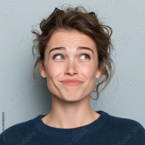 A headshot of a beautiful woman making a funny face, looking up with a quirky smile. A concept for expressing a wide range of emotions like hope or guilt