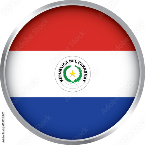 round icon of paraguay national flag with horizontal red white blue stripes and central coat of arms emblem

