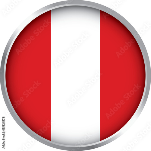 round icon of peru national flag with vertical red and white stripes and central coat of arms emblem design


