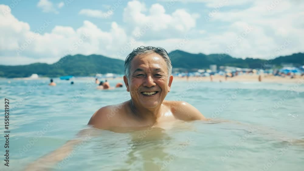 custom made wallpaper toronto digitalA joyful elderly man swimming in the ocean, captured from a low-angle, conveying a carefree summer vibe. Ideal for a vacation-themed video.