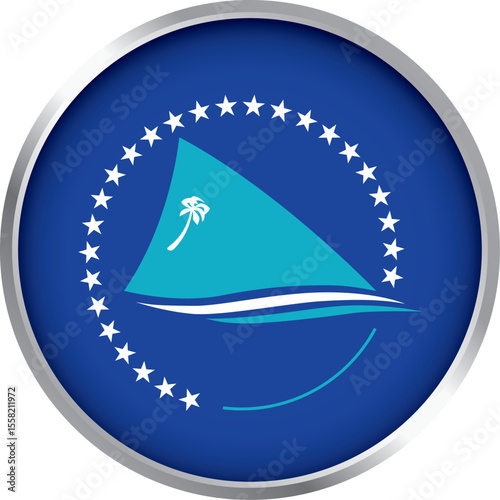 round icon of pacific community flag with blue field, white star and canoe sail symbolizing regional unity

