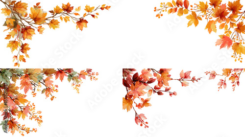 Autumn corner elements with rich orange and red watercolor leaves—beautiful seasonal details for greeting cards, invitations, and Thanksgiving designs.

