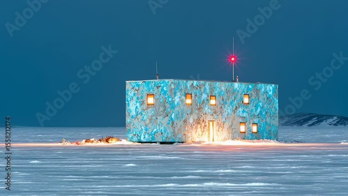 Isolated arctic building at night