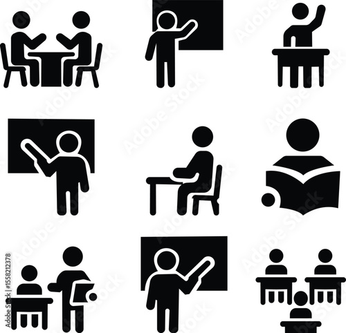 Teaching classroom icon set, Students who learn and grow on their own with various subjects. Education content vector, Teachers, Professors, , education, books, instruct, knowledge and pedagogy icons