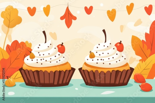 Charming Autumn Cupcakes with Whipped Cream Topping Surrounded by Colorful Fall Leaves and Decorative Heart Banners in a Cozy Setting for Seasonal Celebrations