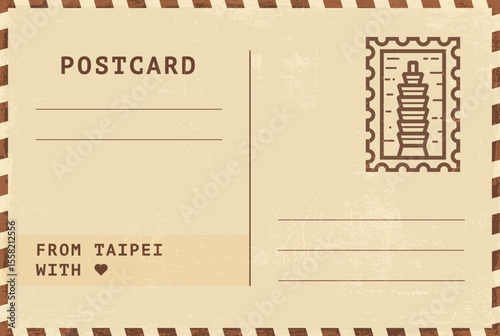 From Taipei postal card template. Vector grungy vintage style postcard illustration with stamp, tower, landmark, message. Simple flat greetings image layout