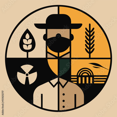 Agriculture Icon Farmer, Wheat, and Modern Farming Technology