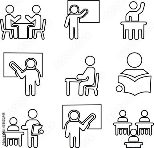 Teaching classroom icon set, Students who learn and grow on their own with various subjects. Education content vector, Teachers, Professors, , education, books, instruct, knowledge and pedagogy icons