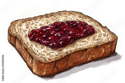 Close-Up Illustration of a Slice of Toast with Berry Jam Spread, Emphasizing Texture and Delicious Appeal for Culinary and Snack Concepts