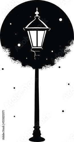a night street lamp with a classic lamppost design, ornate and detailed, winter scenery with snowflakes, magical and whimsical, black and white, pencil sketch, intricate details, ethereal, mystical