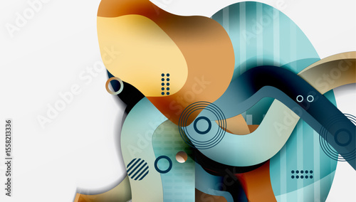 Abstract fluid shapes overlap, creating dynamic composition. Colors include blue, orange, beige. Circles, lines add visual interest.