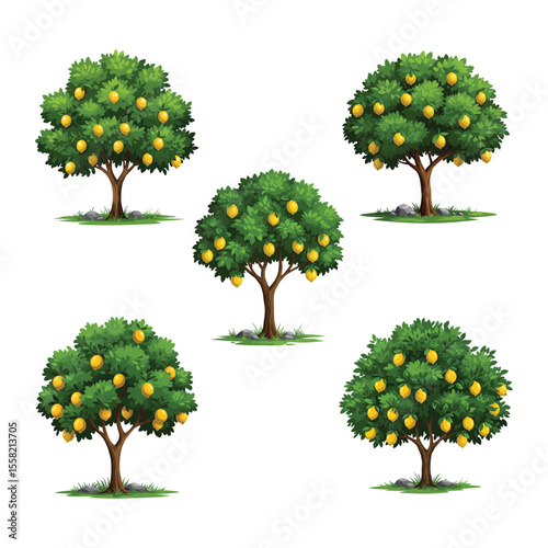 Cartoon Lemon Tree Vector Illustration Set