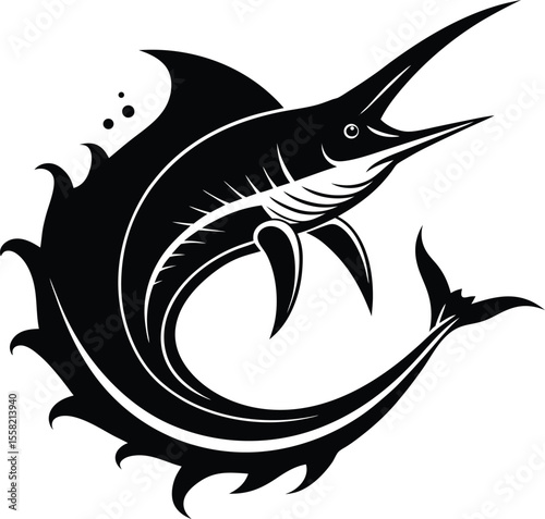 marlin fish, black and white vector illustration, minimalist art, simple design, graphic design, digital art
