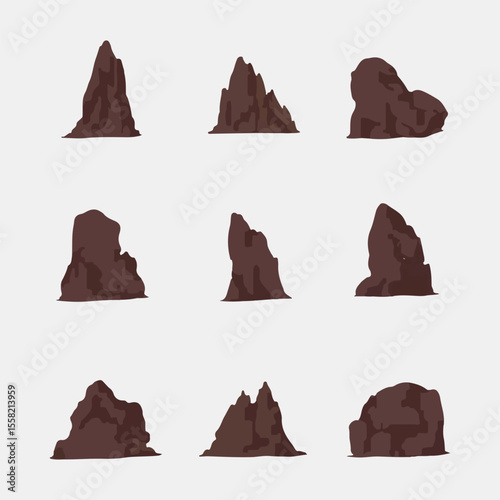 vector illustration of a set of mountains,  Abstract Brown Rock Formation Vector Set.