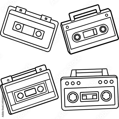 Cartoon Retro Cassette Tape Player Coloring Book Page – Hand-Drawn Vintage Music Illustration