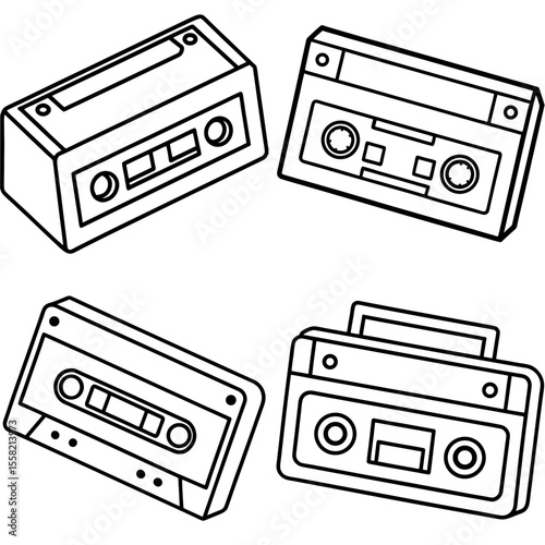 Cartoon Retro Cassette Tape Player Coloring Book Page – Hand-Drawn Vintage Music Illustration