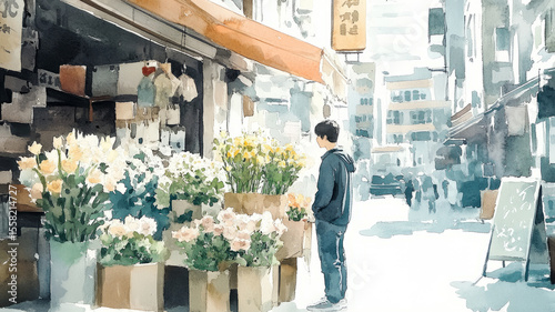 Fototapeta Naklejka Na Ścianę i Meble -  Person standing by flower market in watercolor city scene.