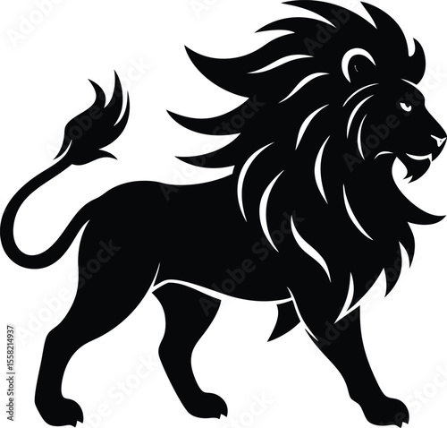 majestic lion, powerful silhouette, fierce expression, flowing mane, fearsome pose, dark monochrome, clean and detailed illustration, digital art
