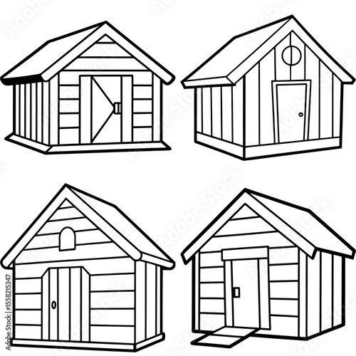 Line Drawing Cartoon Wooden Shed Coloring Book Page – Rustic Garden Building Illustration