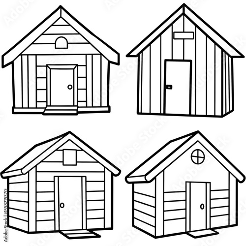 Line Drawing Cartoon Wooden Shed Coloring Book Page – Rustic Garden Building Illustration
