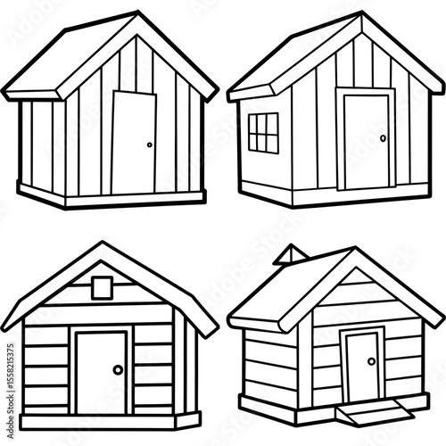 Line Drawing Cartoon Wooden Shed Coloring Book Page – Rustic Garden Building Illustration