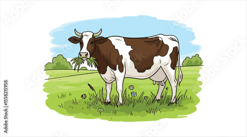 Cows nibble on grass, featuring hand-drawn sketches.

