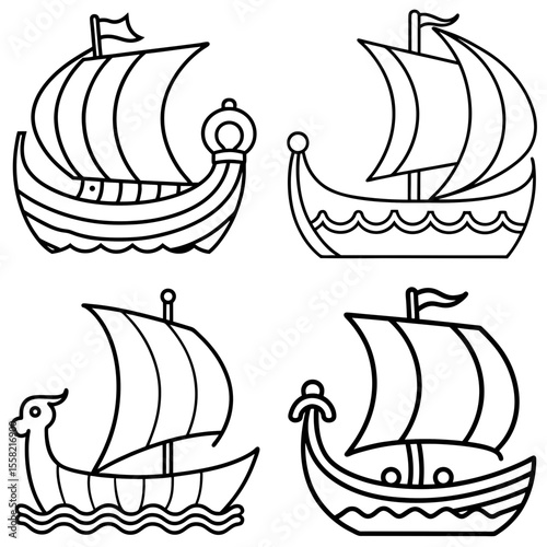 Vikings Sailing Coloring Page for Kids – Historic Norse Ship Line Art Illustration