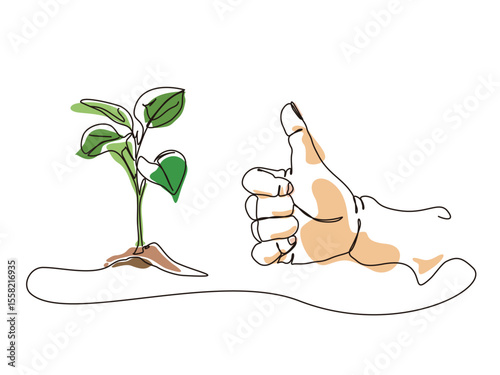 sketch lifestyle A065 thumb up for the seedling to show the support to the eco vector illustration graphic EPS 10

