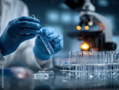 A close-up of a person in protective gear, holding a test tube with amber liquid, in a laboratory setting with microscope and multiple vials - AI-Generated