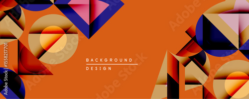 Abstract geometric composition. Overlapping shapes create dynamic visual interest. Warm orange background contrasts with cool blue, pink, gold tones. Modern design element.