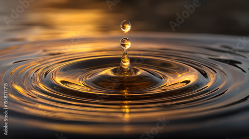 Golden Drop Resonance: A captivating close-up captures the delicate dance of a water droplet as it falls, creating mesmerizing ripples of golden hue.
