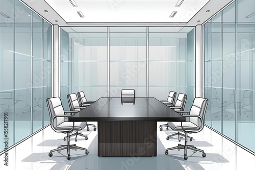 A drawing of a meeting room with frosted glass walls and sleek conference table