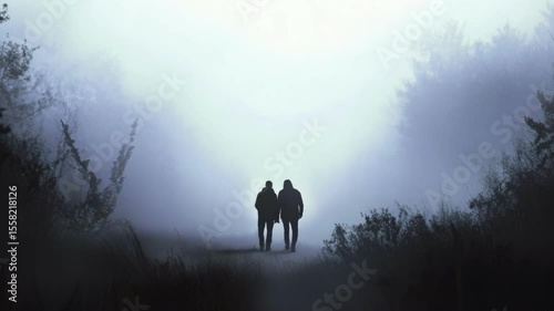 Two figures walk through a foggy landscape