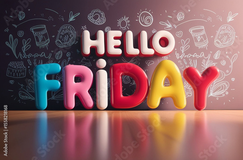 Text hello Friday on a wooden table, surrounded by cute doodles on the wall in a cheerful setting