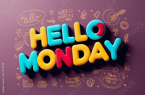 3D lettering of Hello Monday on a purple background, adorned with cute doodles for a cheerful touch